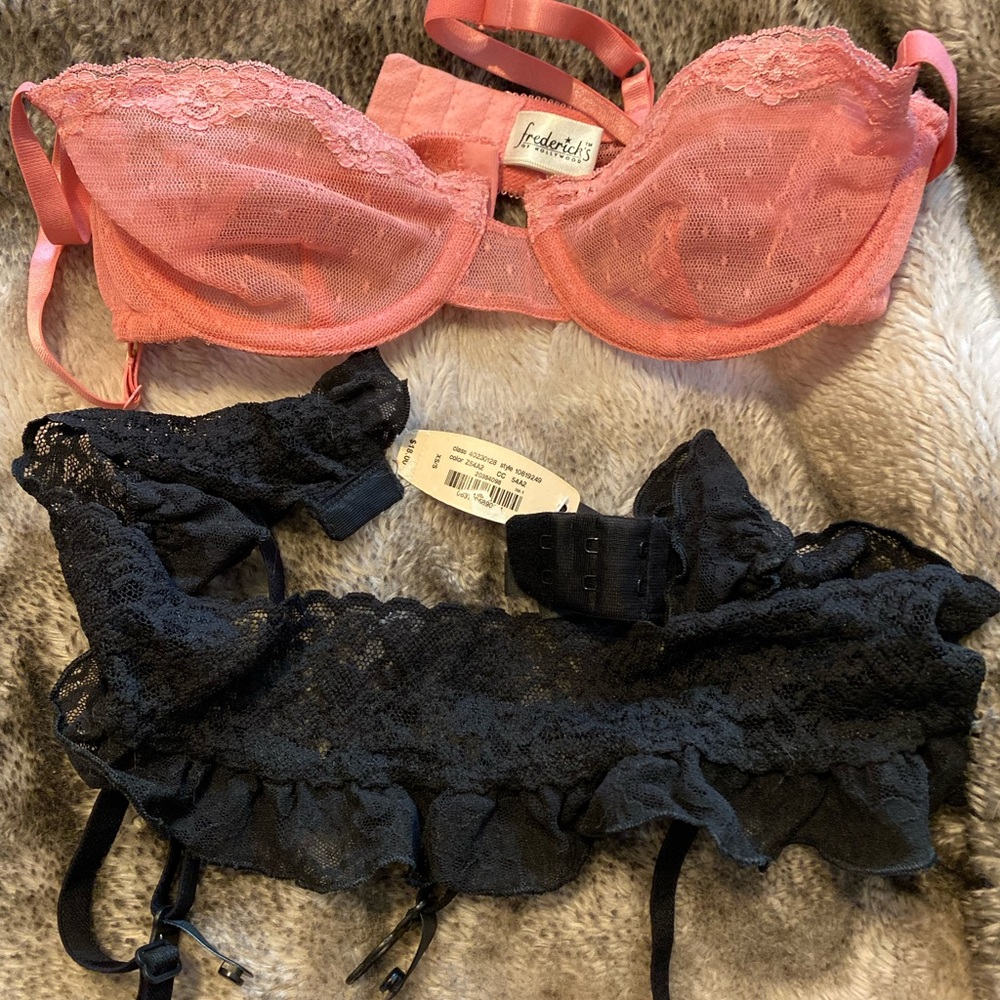 Pink balconette Bra and black garter
